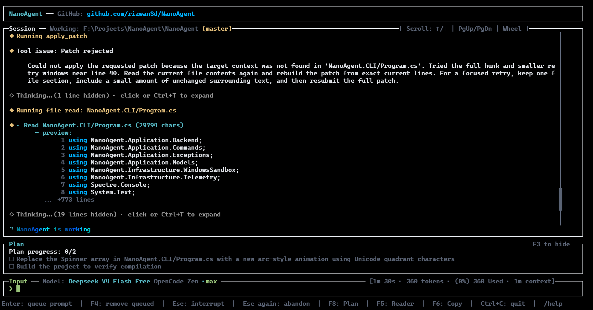 NanoAgent running in a terminal
